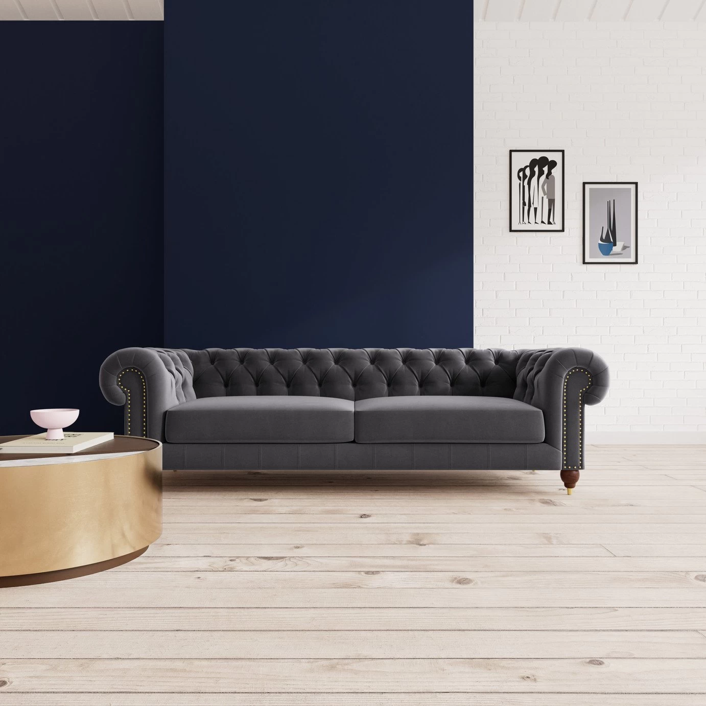 Swoon Winston Velvet 4 Seater Sofa - Granite Grey 4 Swoon Winston Velvet 4 Seater Sofa - Granite Grey - Image 2