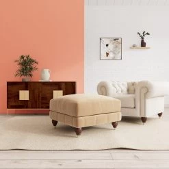 Swoon Winston Velvet Ottoman Footstool - Biscuit -Sofa Discount Store 1995389 R Z001C