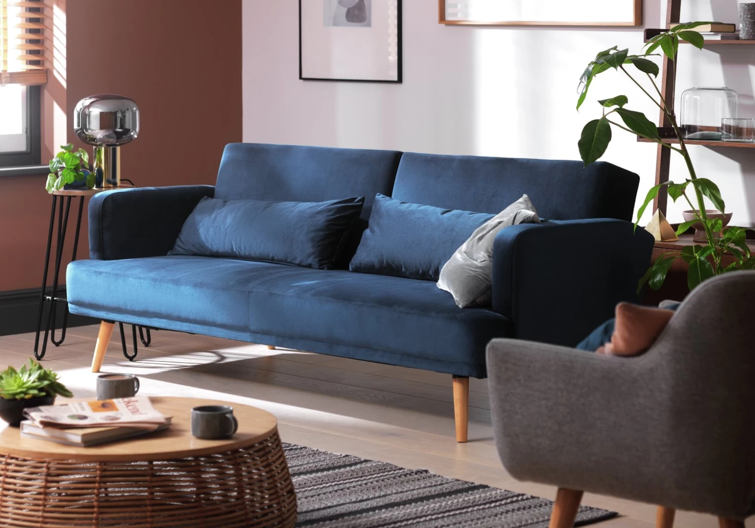 Habitat Andy 3 Seater Velvet Clic Clac Sofa Bed - Blue 4 Habitat Andy 3 Seater Velvet Clic Clac Sofa Bed - Blue - Image 2
